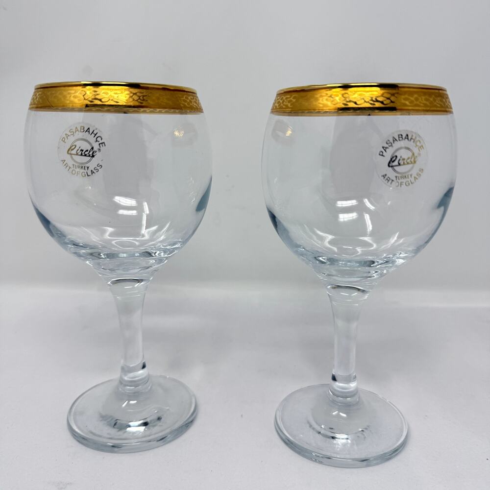 Pasabahce Circle Turkey Gold Rim Goblet Glasses Set of 2 Art of Glass 6.25”